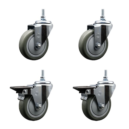Service Caster 4 Inch Gray Polyurethane 38 Inch Threaded Stem Caster Set 2 Brakes SCC SCC-TS20S414-PPUB-381615-2-PLB-2
